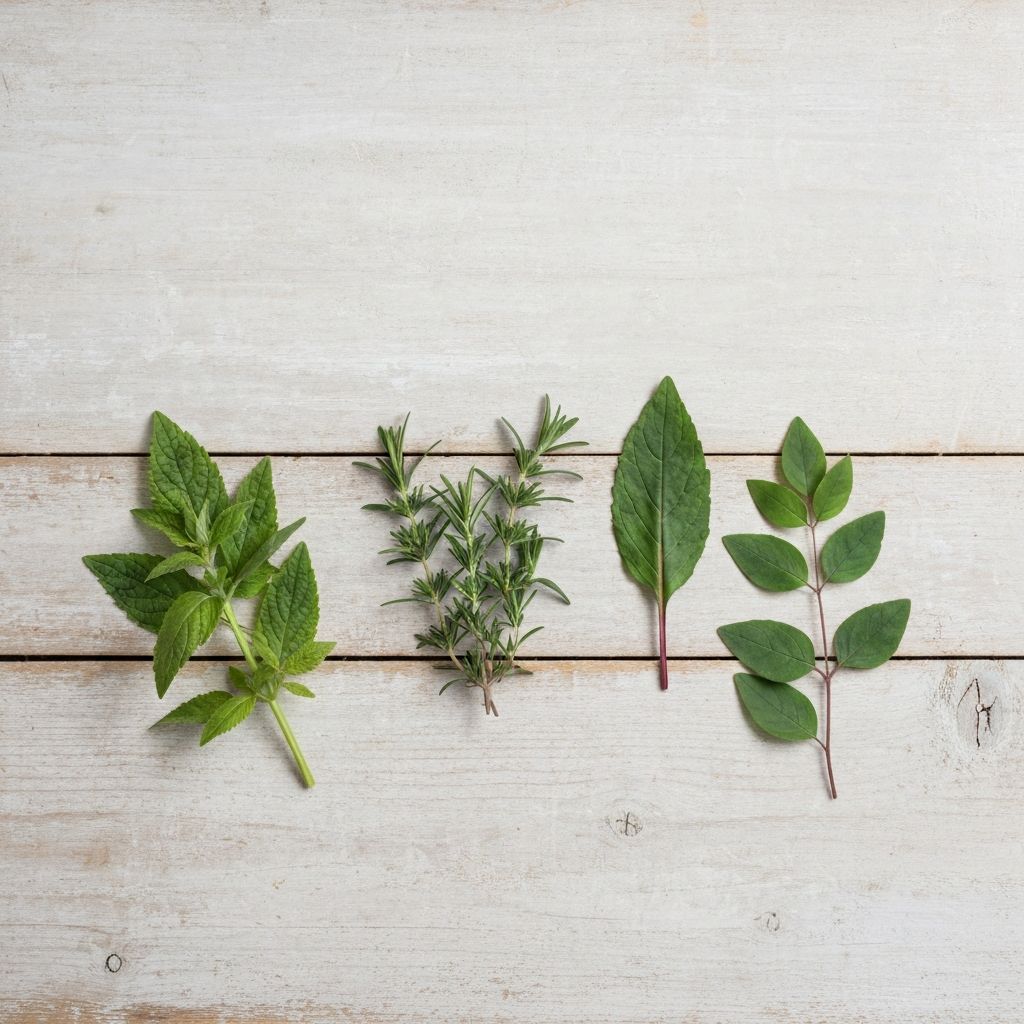 Botanical elements arranged on wooden surface